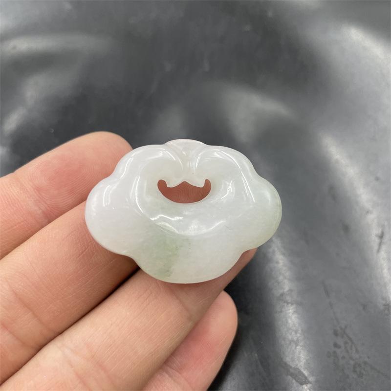 Double-Sided Green Jade Ruyi Lock Pendant with White Background and Mountain Design