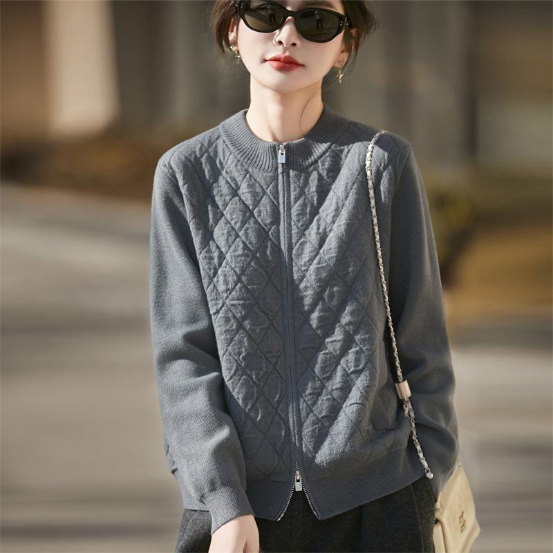 Autumn And Winter New Worsted Wool Crew Neck Knitted Cardigan Double Zipper Long Sleeve Rhombus Air Layer Top