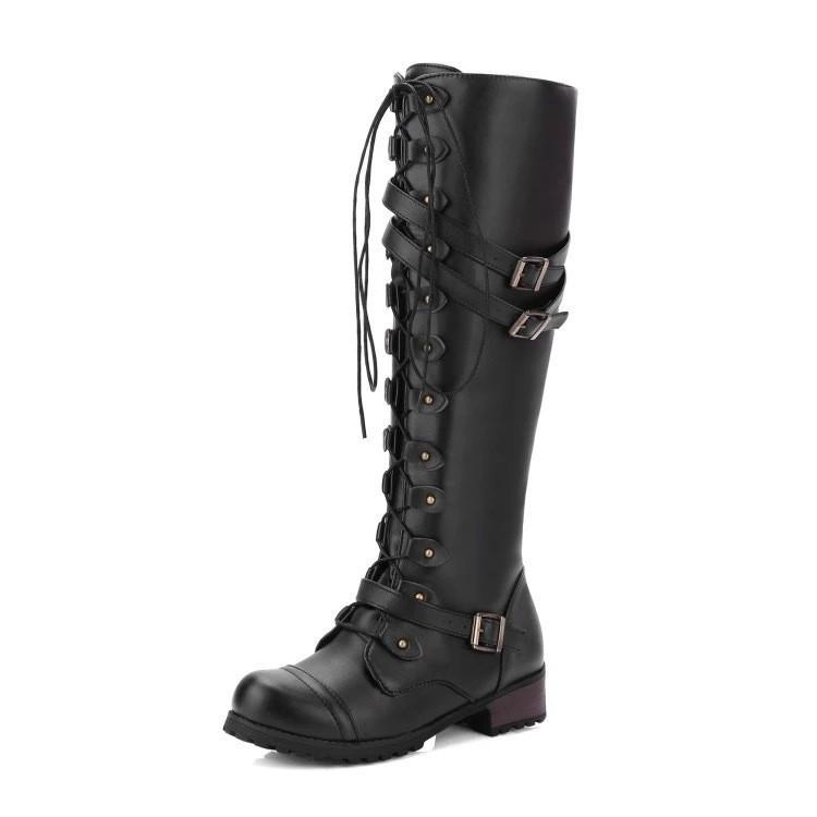 New Knight Boots Women's Low Heel Flat Bottom Round Head Belt Buckle Cross Strap Long Boots Women