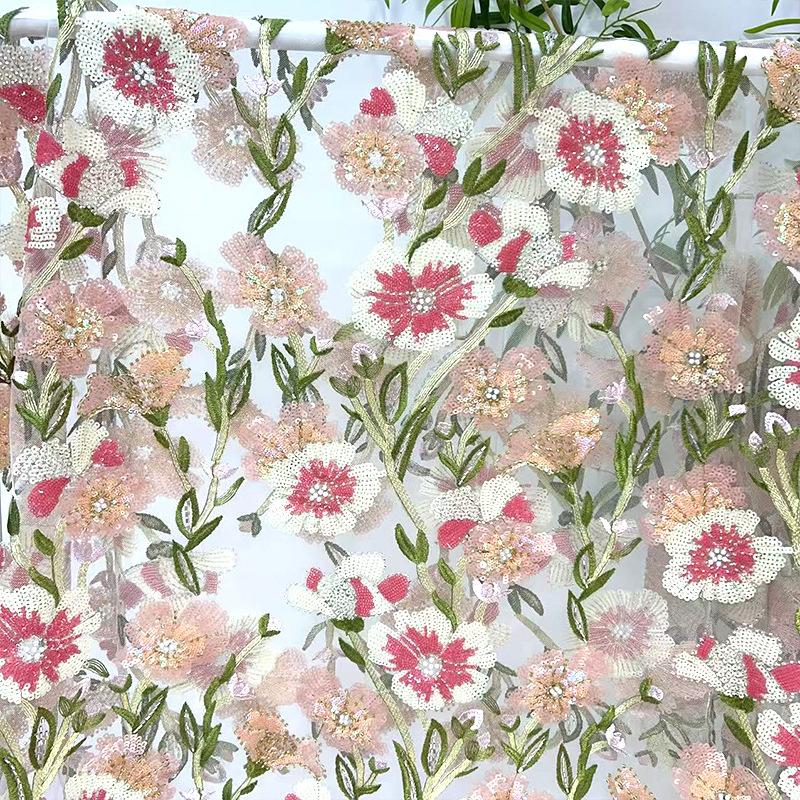 Floral Embroidery Fabric Thin Tulle Lace Wedding Dress Diy Fabric Chic Sequin Flower Embroidered Beads Clothing Accessories