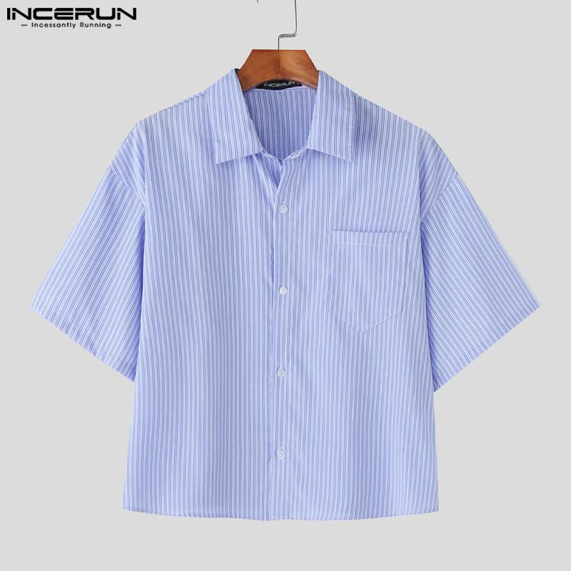 INCERUN Two Piece Suit Men Striped Short Sleeve Shirts Shorts Casual Outfits Sets