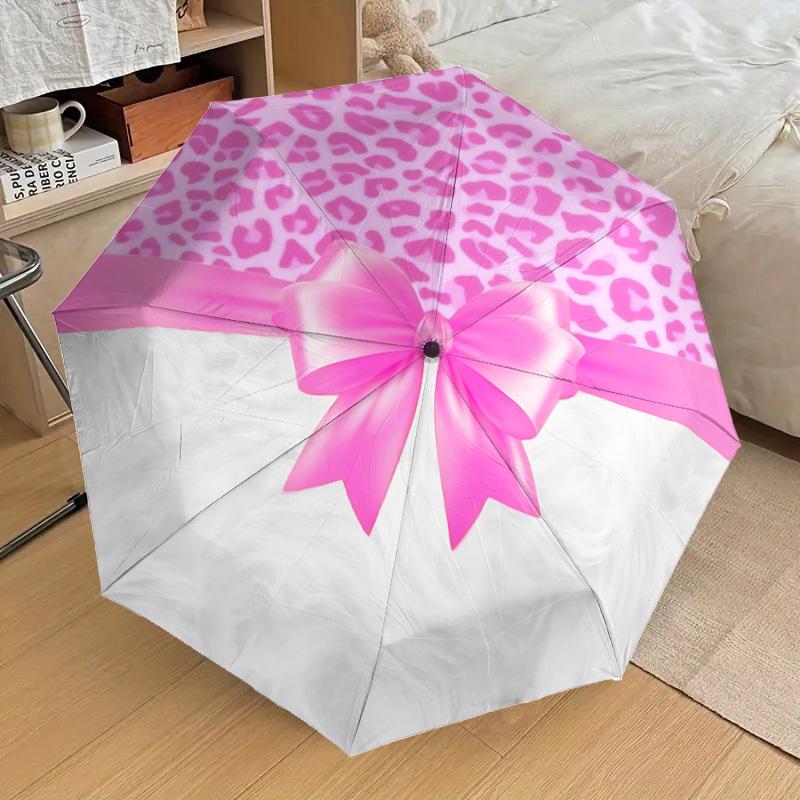 1pc Pink Leopard Print Bow Automatic Folding Umbrella, 8 Ribs Iron Frame, Suitable for Outdoor Travel and Daily Use yy251120183