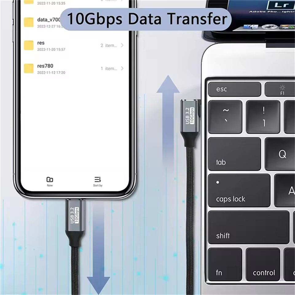 100W PD Fast Charging Cable 5A Type USB C 3.1 Gen 2 Male To Female Extension Cord 90 Angle 10Gbps USB C Extender Data Cables