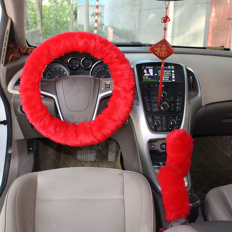 Car Steering Wheel Cover Gearshift Handbrake Cover Protector Decoration Warm Super Thick Plush Collar Soft Black Pink Women Man