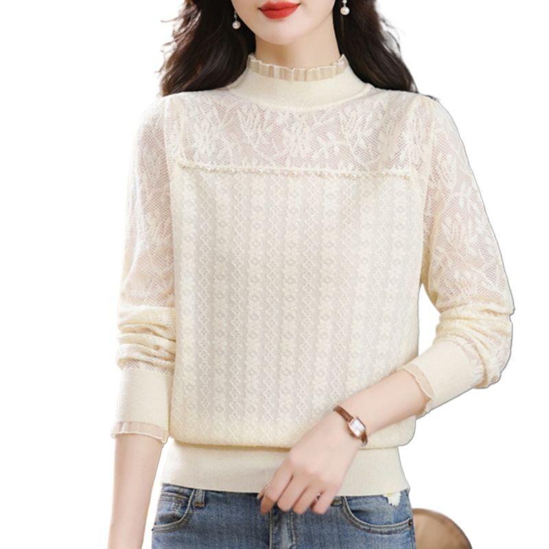 Women's Elegant Plus Size Lace Knit Top - Autumn/Winter 2025 Fashion