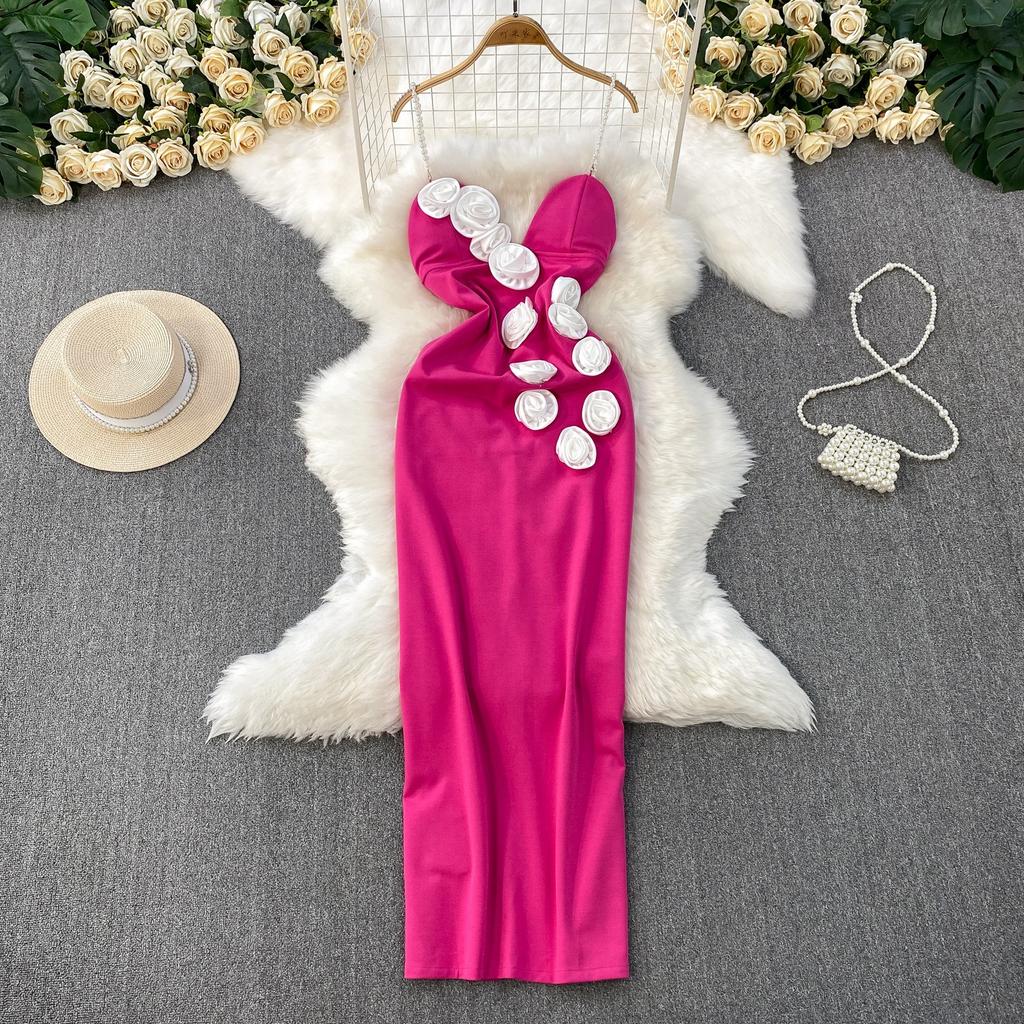 French Temperament Three-dimensional Flower V-tie Chest Pad Dress Women's Summer New Waist and Thin Hip-wrapped Split Dress