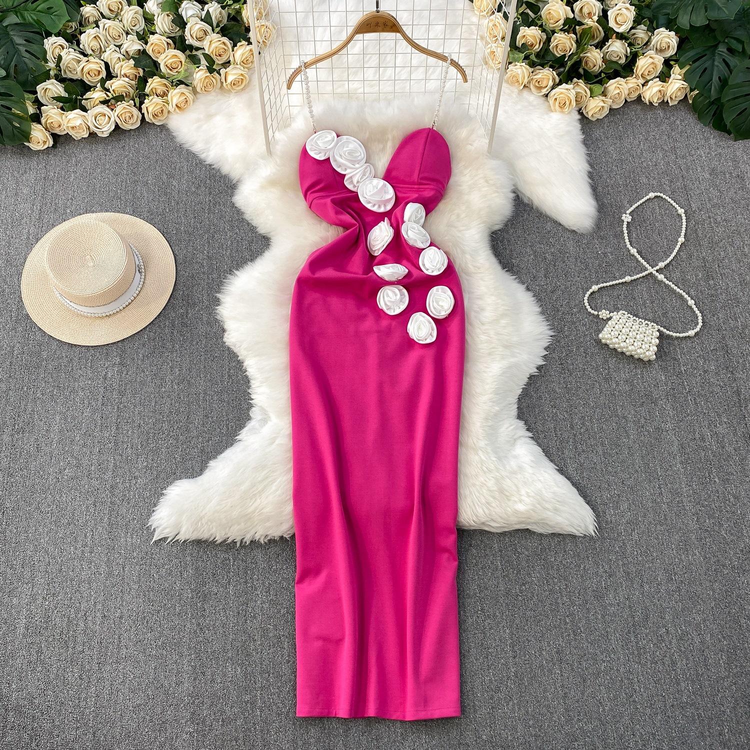 

French Temperament Three-dimensional Flower V-tie Chest Pad Dress Women s Summer New Waist and Thin Hip-wrapped Split Dress M рожевий