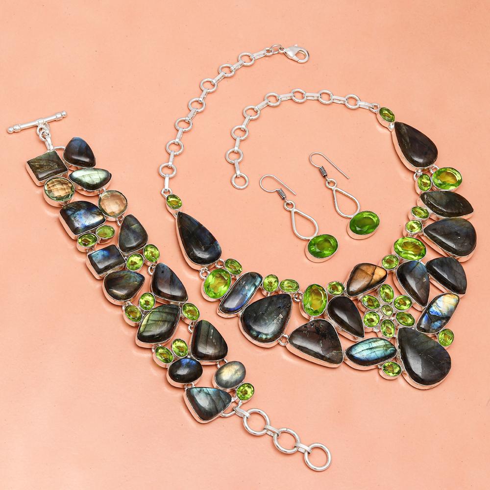 Shiney Labrodorite Peridot Quartz Jewelry Necklace Set 16-18''