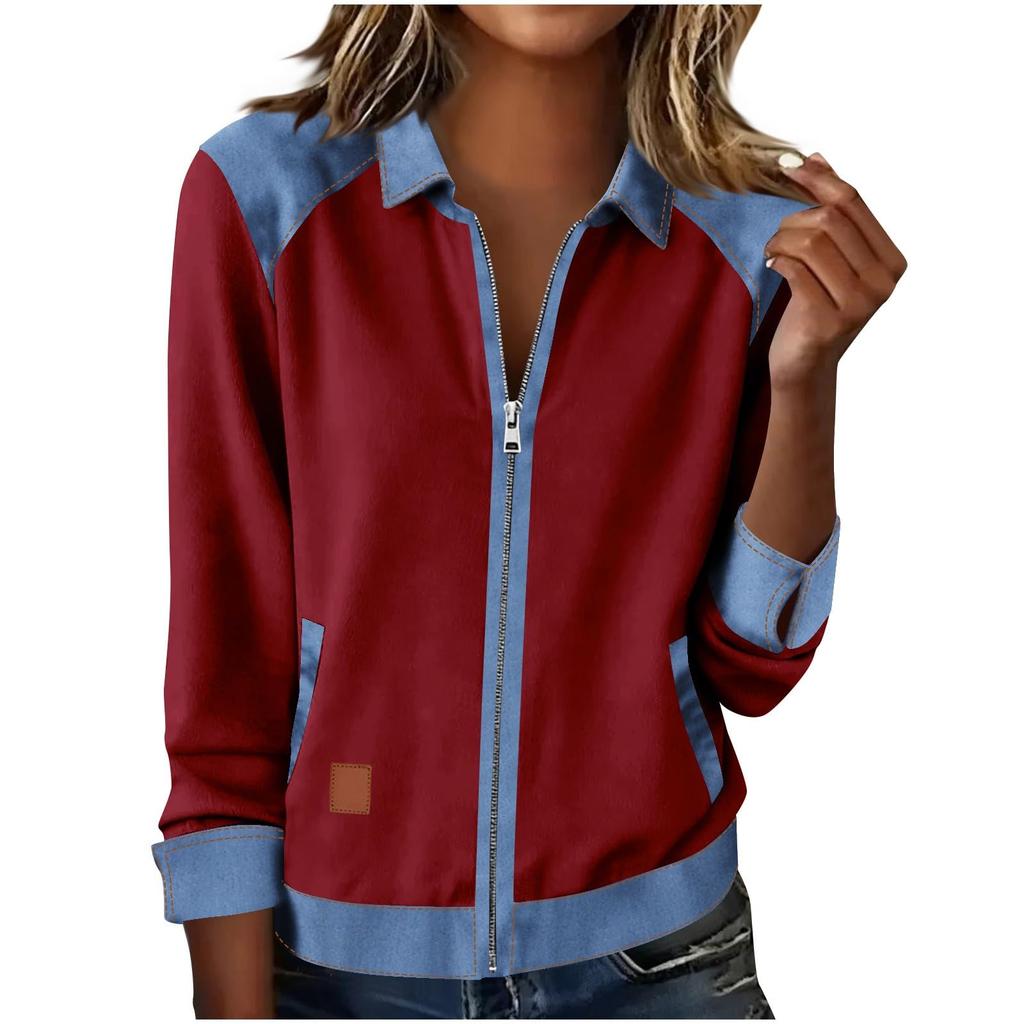 Modische Damen-Waschdenim-Jacke, Langarm, Lässig mit Reißverschluss.