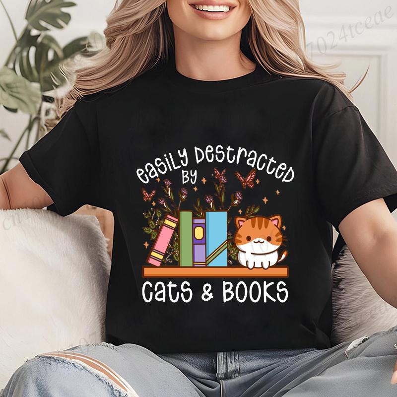 Easily Distracted By Cats & Books Tees Tops Floral Cat Shirt Women Fashion Tshirt Oversize Summer Tshirt Short Sleeves Clothing