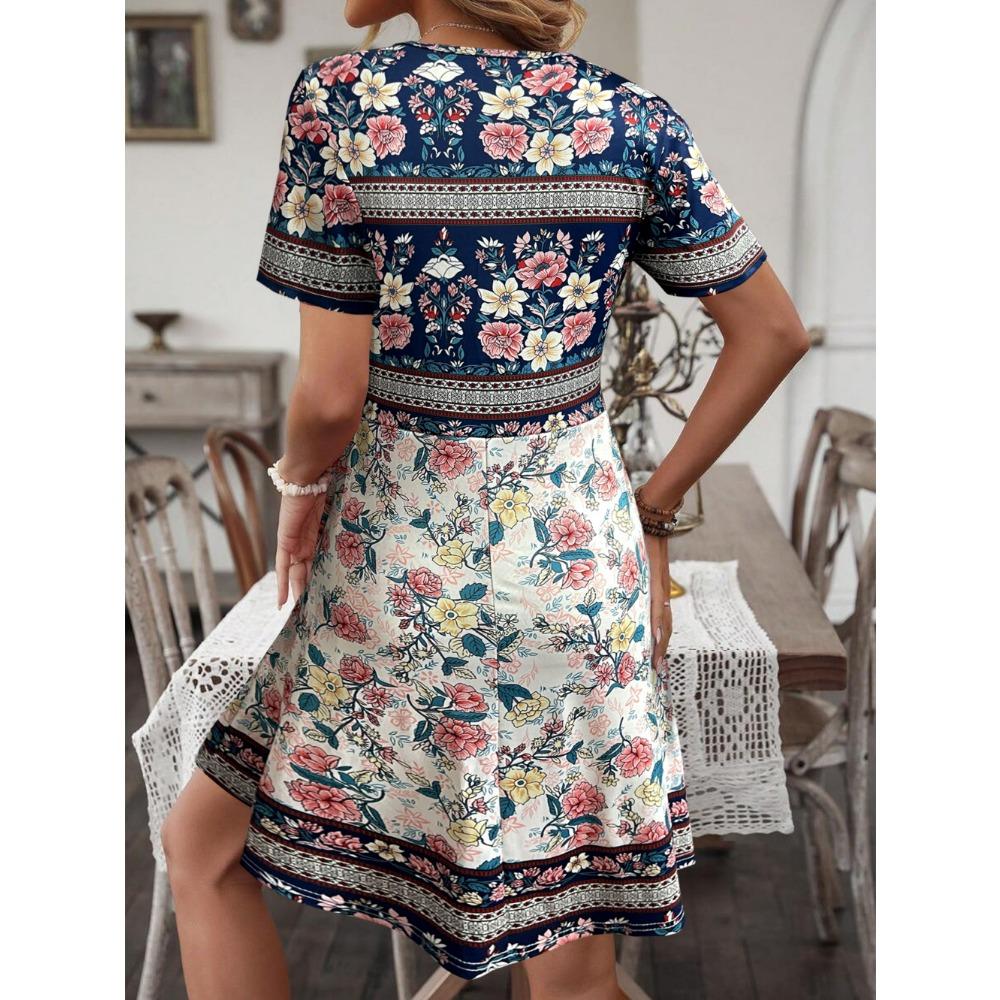 Womens Summer Dresses V Neck Short Sleeve Vacation Casual Smocked Beach Midi Wedding Guest Dress