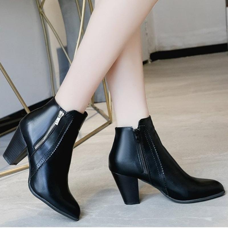 Kurzstiefel für Damen Oberste Schicht Rindsleder Britisch Retro Handgefertigt Chelsea Damenstiefel Schwarz Dicker Absatz Plateau Seitlicher Reißverschluss Stiefel