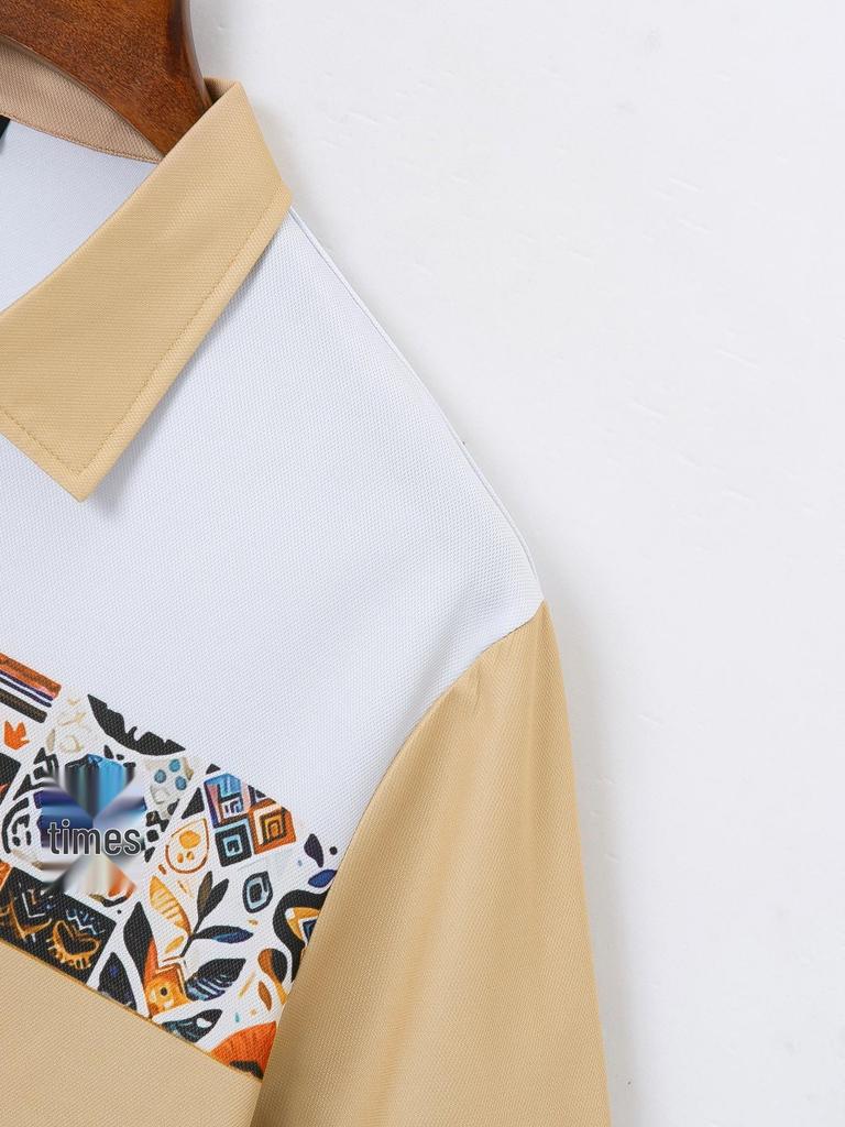 Men's Summer 2024 Printed Zipper Color Block Two-Piece Casual Set