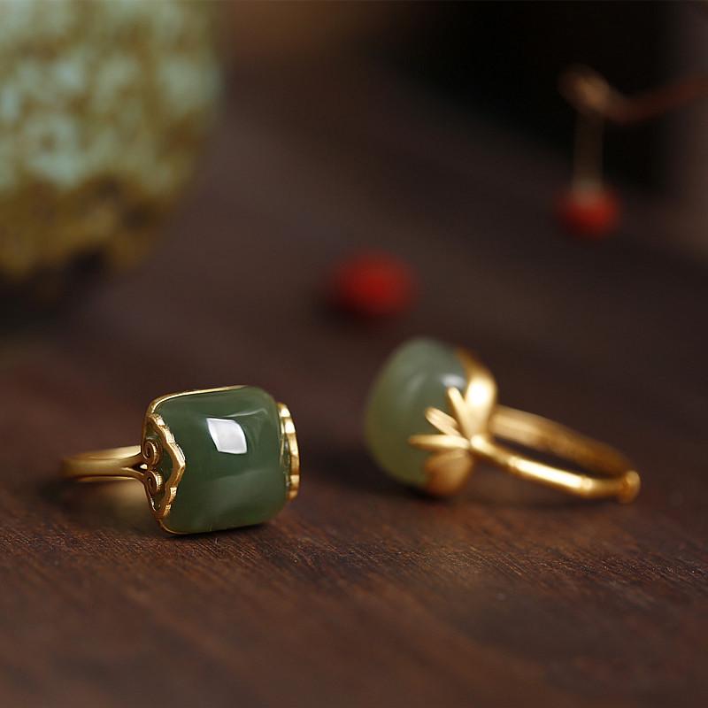 Hetian Jade Cloud Ring: Elegant Women's Open Chalcedony Jadeite with Retro Bamboo Design