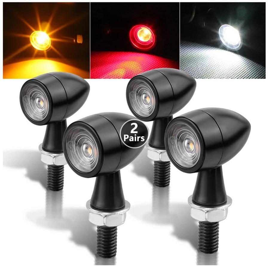 2 Pair Mini Bullet Aluminum Motorcycle Led Turn Signals 12V Brake light DRL Lamp Amber White Red Flashing Light
