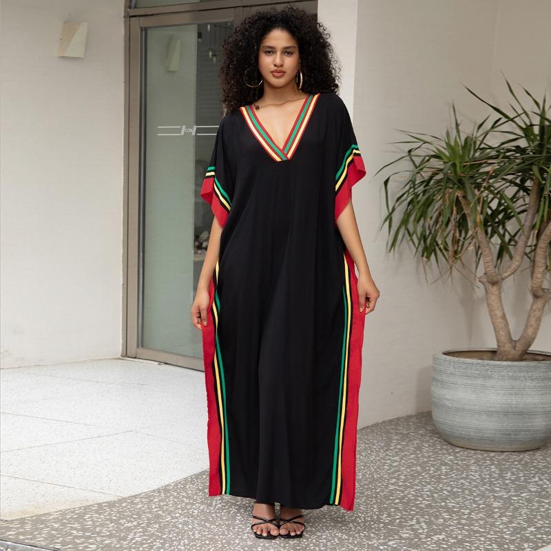 Women's Fashion Summer Spring Solid Color Print 1/2 Sleeves V-Neck Loose Waistline Casual Dresses