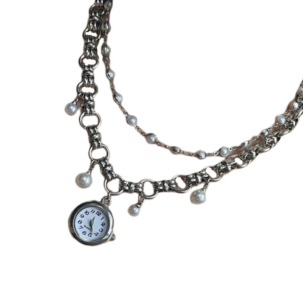 Elegant Imitation Pearls Tassels Watch Pendant Necklace With Alloy Chain For Women Wedding Party Daily Jewelry Gift