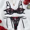 High-Quality Black Embroidered Lingerie Set with Steel Ring