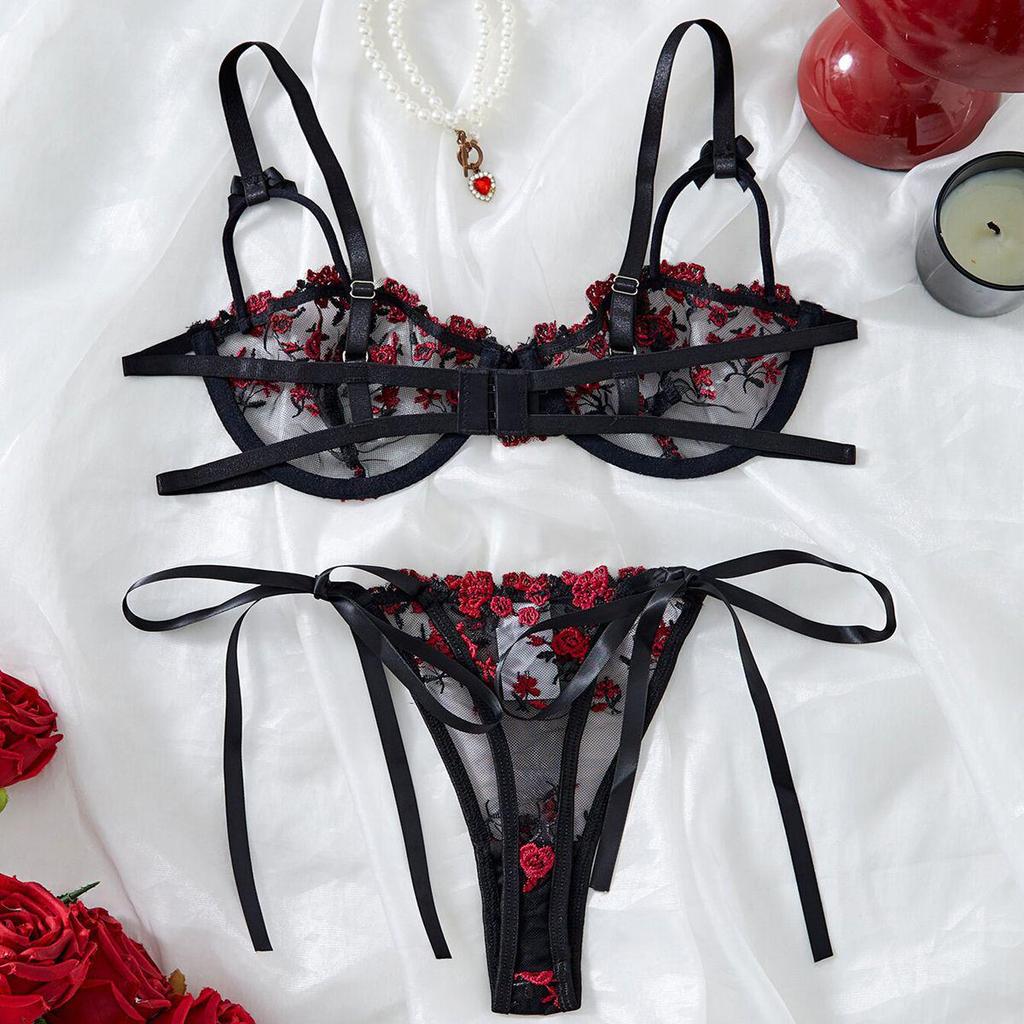 High-Quality Black Embroidered Lingerie Set with Steel Ring