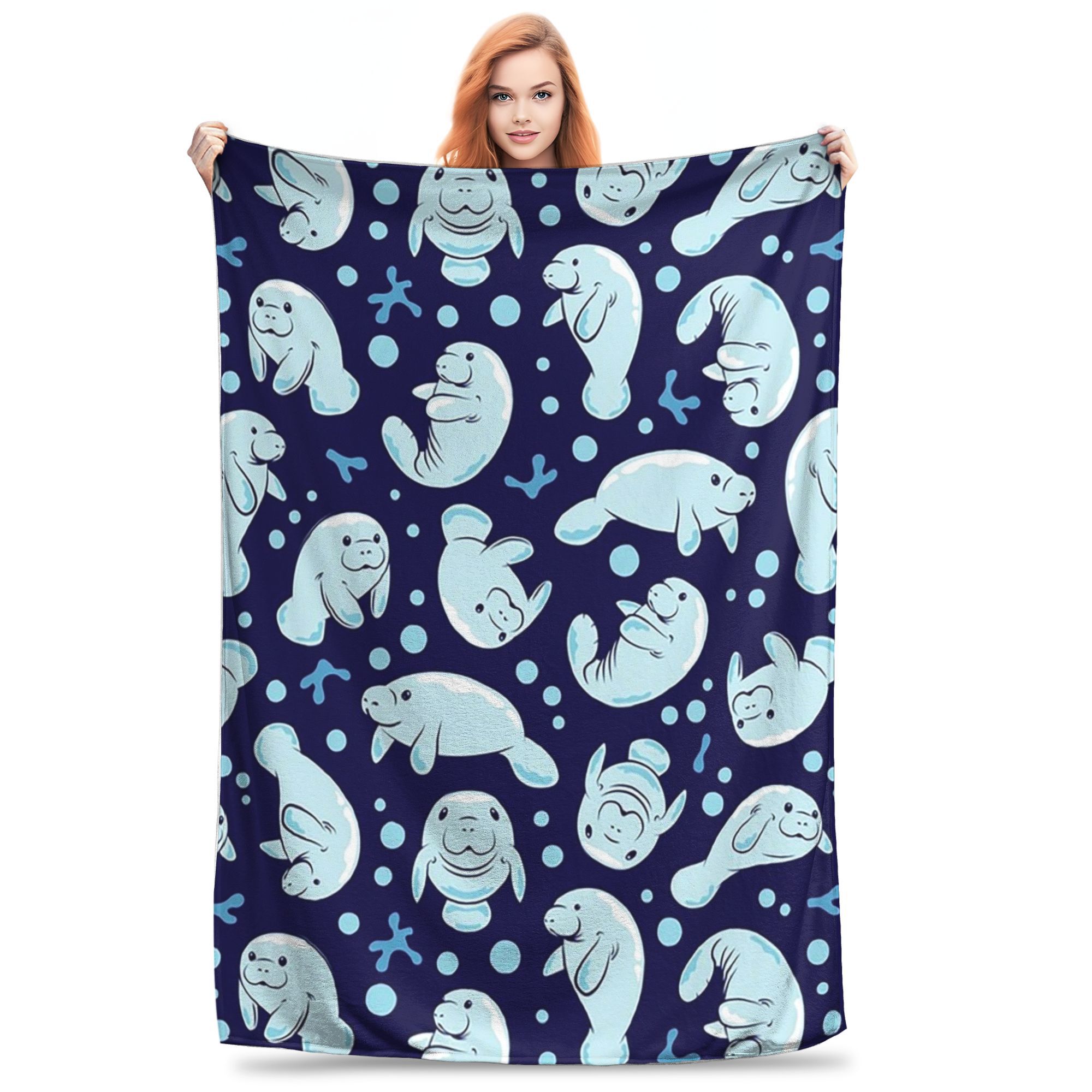 Cute Manatee Pattern Blue Underwater Pattern Blankets Soft Warm Flannel Throw Blanket Cover for Bed Living room Picnic Trav Size: 75*100cm, Weight: 230 GSM