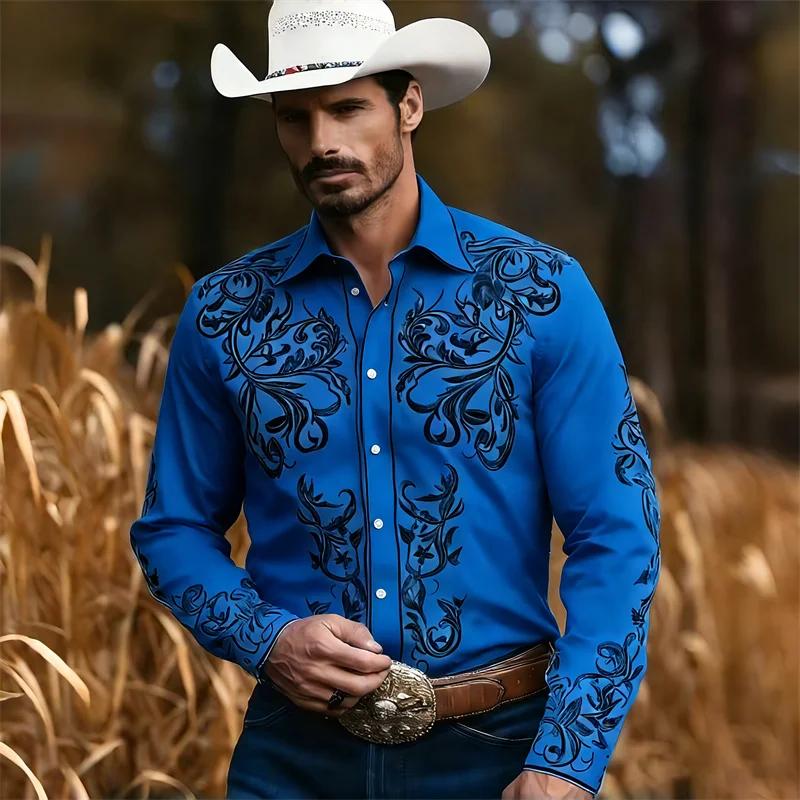 Chemise Western Décontractée en Denim pour Homme, Nouvelle Mode, Motif Imprimé 3D, Chemise Décontractée Rétro pour Vacances avec Boutons, Manches Longues Shi