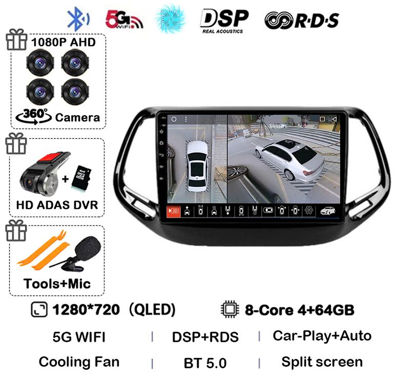Android 14 Carplay Auto Car Radio For Jeep Compass 2017 2018 2019 GPS Navigation Stereo Multimedia Video Player 360 Camera WIFI