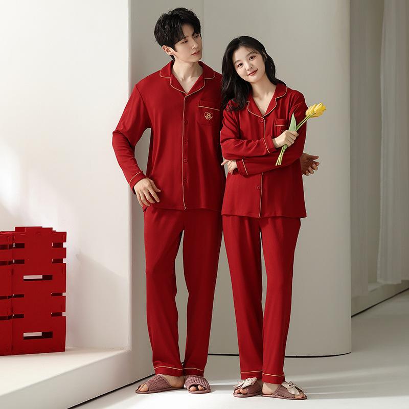 Pajamas wedding newlywed couple suit red natal spring and autumn pure cotton long-sleeved autumn couple suit men and women