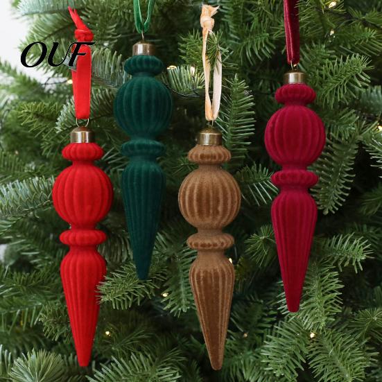 Burgundy Red Dark Green Brown Ornaments 6Pcs Christmas Flocked Pendant with Lanyard, Creative Tree Hanging, Non Shedding Retro Icicle Shape