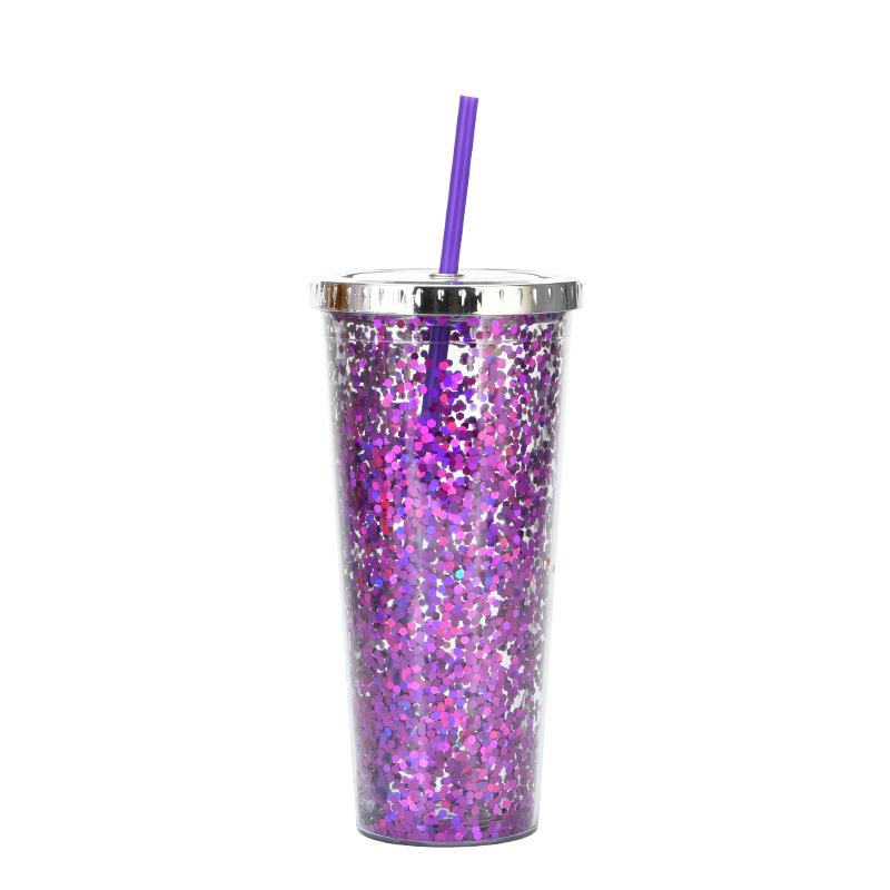 Taza de Plástico de Doble Capa de 24 oz con Purpurina Botella de Agua Portátil con Pajita Vasos Reutilizables de Plástico con Tapas Taza para Bebidas de Fiesta