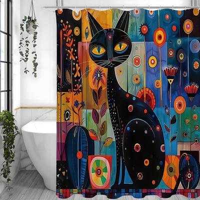 Creative Art Color Block Black Cat Shower Curtain Washable Dirt-Resistant Shower Head Waterproof Polyester Bath Curtain