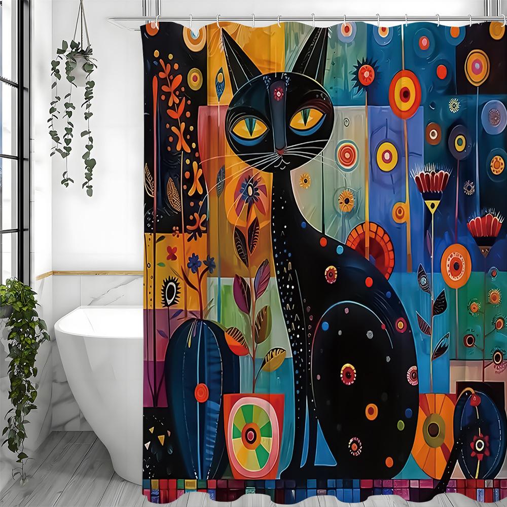 Creative Art Color Block Black Cat Shower Curtain Washable Dirt-Resistant Shower Head Waterproof Polyester Bath Curtain