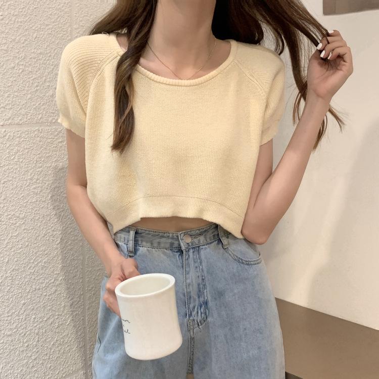 Lockeres Rundhals Kurzteil Nabel Strickshirt Damen Sommer Slim Dünnes Teil Kurzarm T-Shirt Tops Lässig Essentiell Slim Fit Pullover T-Shirts