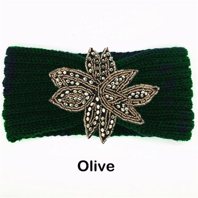 Crystal Beaded Flower Knit Headband For Women Winter Wool Ear Warmer Hairband Turban Headwrap Hair Accessories Bandeau