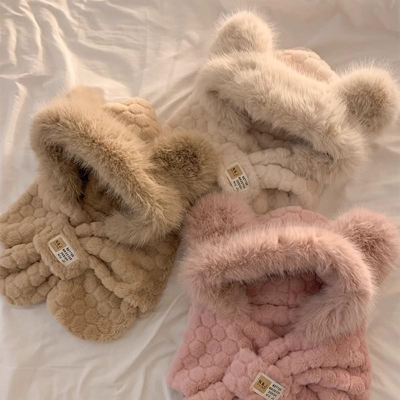 Bear plush hat women's winter scarf integrated warm thickened scarf cute cold winter ear protection two-piece set