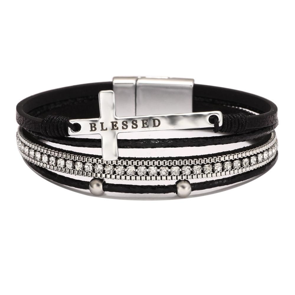 

Luxury Cross Bracelet Micro Inlaid Diamond Magnetic Clasp PU Leather Bangle for Women Men