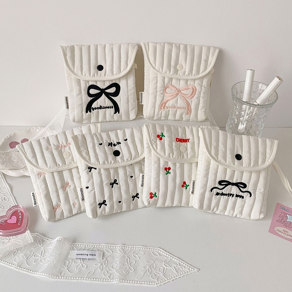 Menstruation Towel Storage Embroidery Cherry Cosmetic Bag Bowknot Bow Makeup Bag  Girls