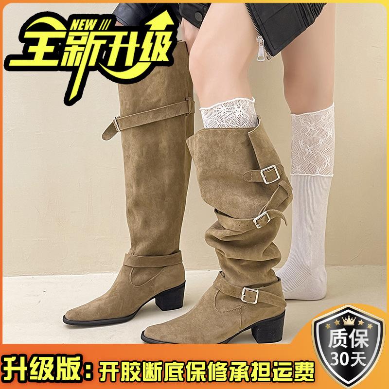 Retro belt buckle pointed high boots women's autumn and winter fashion versatile high-heeled leather boots temperament thick-heeled fashion boots tide