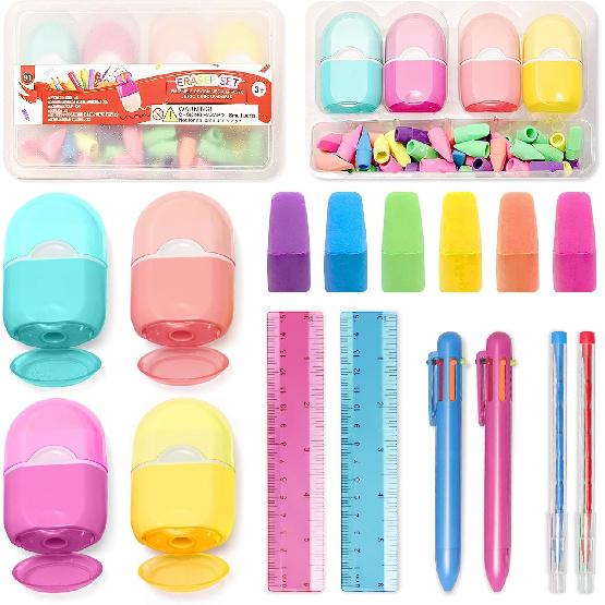 Pencil Eraser And Sharpener Set, Including 4 Sharpeners, 80 Eraser Caps, 2 Multicolor Pens, 2 Stackable Pencils, 2 Rulers And 1 Pencil Case, Kids