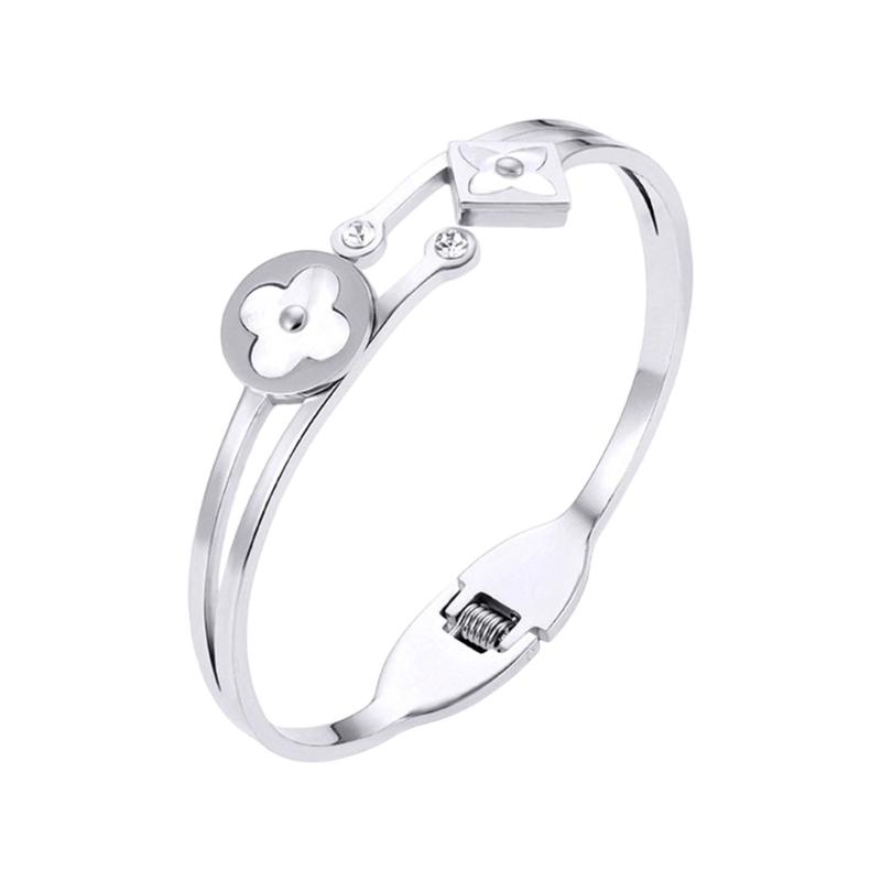 Elegant 4-Leaf Grass Design Ti Steel Bangle Wrist Bracelet For Women Men Secure Lock Lightweight Everyday Wear
