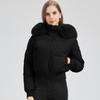 Palton de iarnă elegant pentru femei, stil european/american, design cu talie înaltă, cald și la modă, cu guler mare din blană artificială.