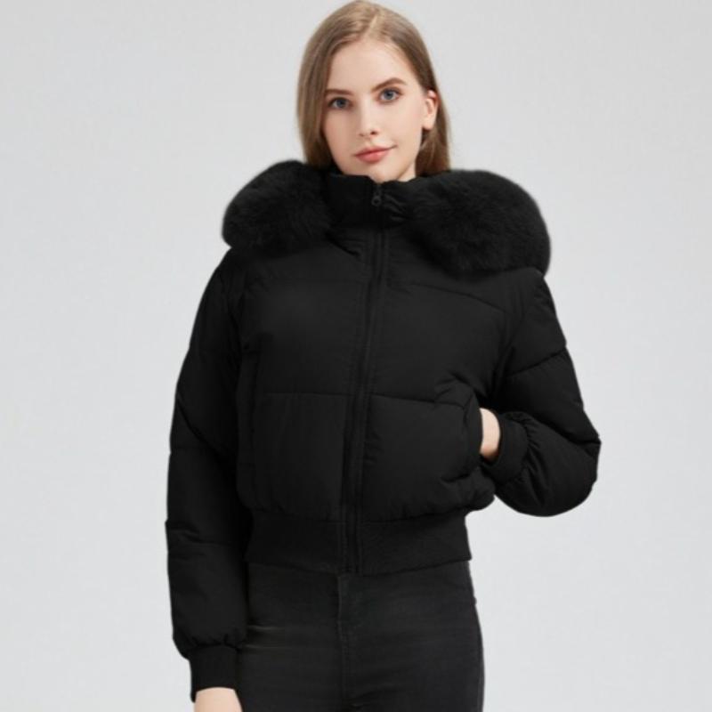 Palton de iarnă elegant pentru femei, stil european/american, design cu talie înaltă, cald și la modă, cu guler mare din blană artificială.