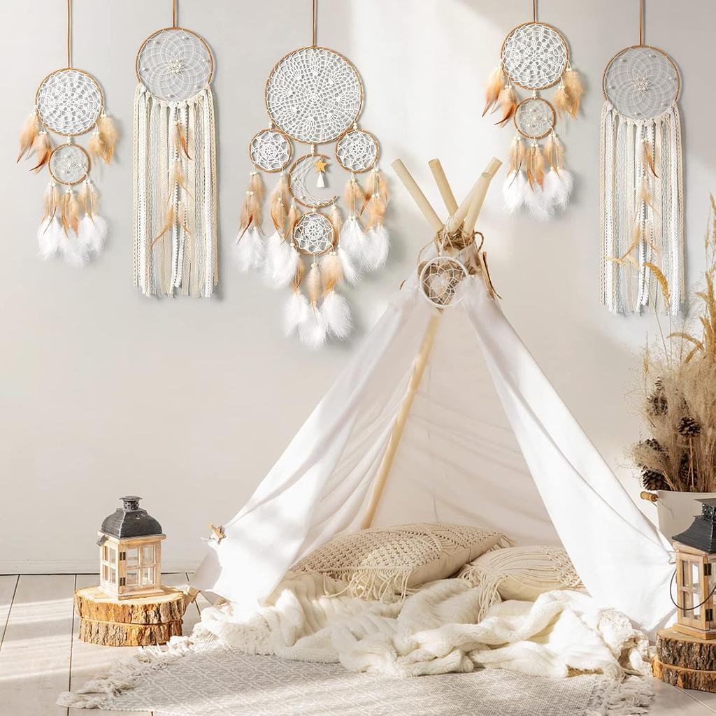 LOMOHOO 5 Pack Dream Catcher Moon and Sun Design Boho Wall Hanging Decor Handmade Traditional Feathers Dream Catchers for Kids Bedroom Living Home