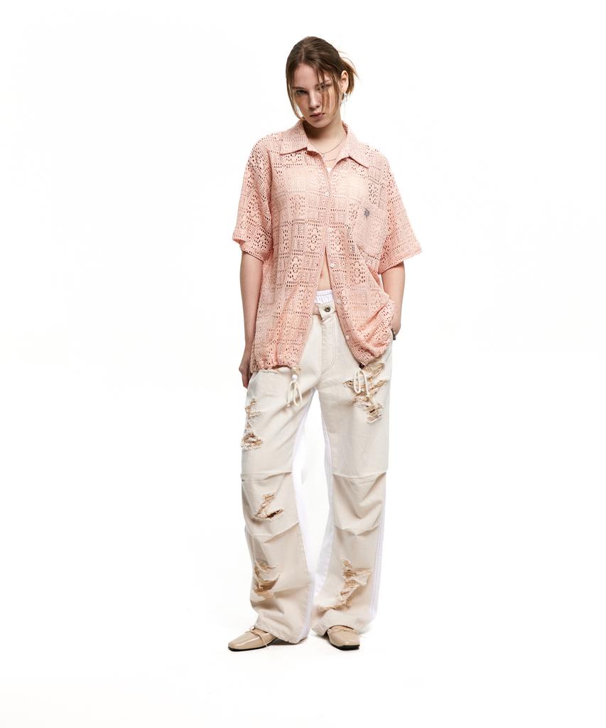 Aleseuseussi Layerd Destroyed Denim Pants - Ivory/White