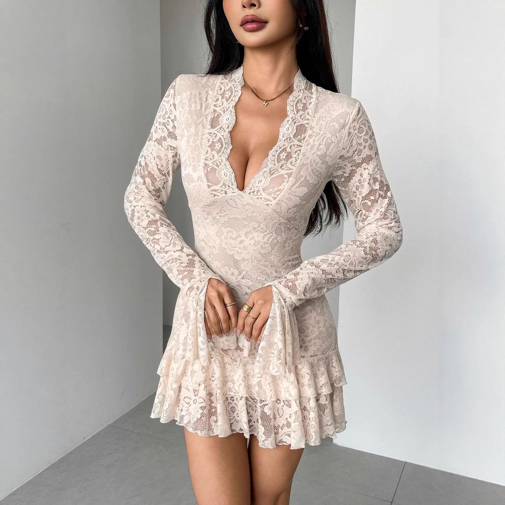 DAFIFY Women's Fashion Spring Fall Solid Color Print Long Sleeve V-Neck High Waist Casual Dresses