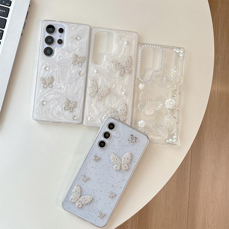 Japanese Small Fresh Wind Mobile Phone Case Is Suitable For Samsung S25Ultra Flower Pearl S24Plus Glitter S23