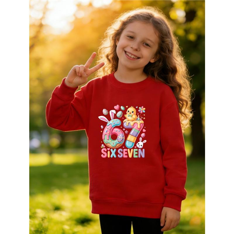 Kids Unisex Crewneck Sweatshirt, Easter Bunny Chick Donut 67 Six Seven Print Long Sleeve Pullover, Casual Sweatshirt for Boys Girls Over 4 Years Old