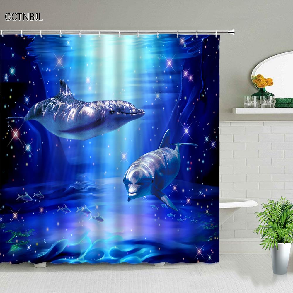 Funny Dolphin Shower Curtains Cute Ocean Animal Blue Seawater Sea Wave Scenery Bathroom Decor Cloth Hanging Curtain With Hooks