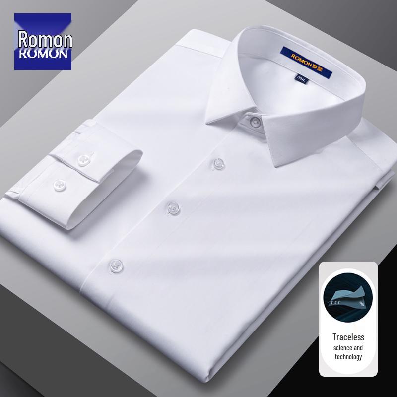 Romon Men's Gray Long Sleeve Business Casual Faux Silk Seamless White Shirt