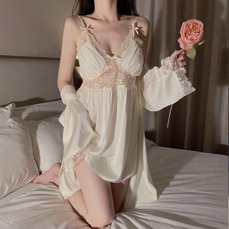 Pajamas Ladies Summer Ice Silk Sexy Lace Premium Sense Suspender Chest Pad Pajamas Thin Spring and Summer Loungewear