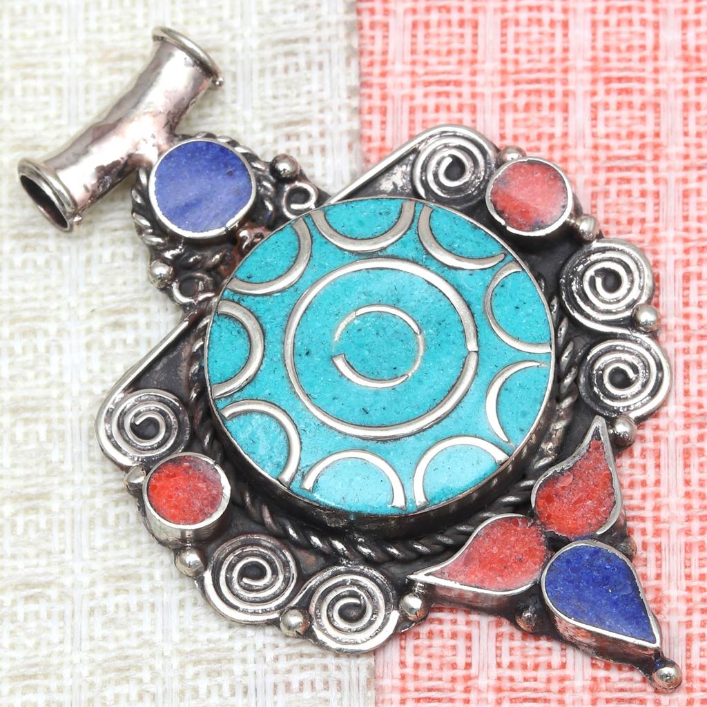 Handmade Tibetan Silver Gemstone Turquoise Red Coral Nepali Necklace Jewelry